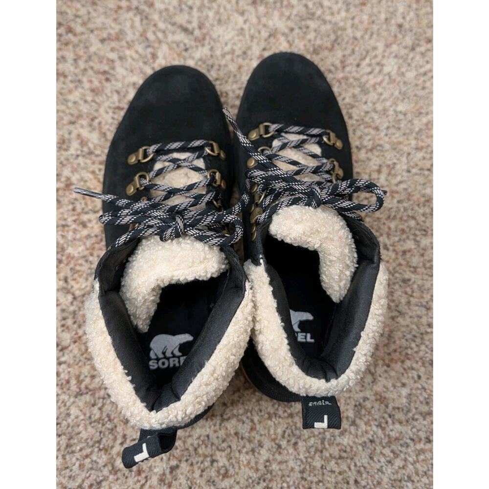 Sorel Boots Hi Line Hiker Womens Size 8.5 Black Tan Fleece Lined Ankle Shoes - Picture 6 of 8
